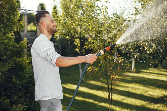 Un uomo irriga le piante in un giardino con un tubo.