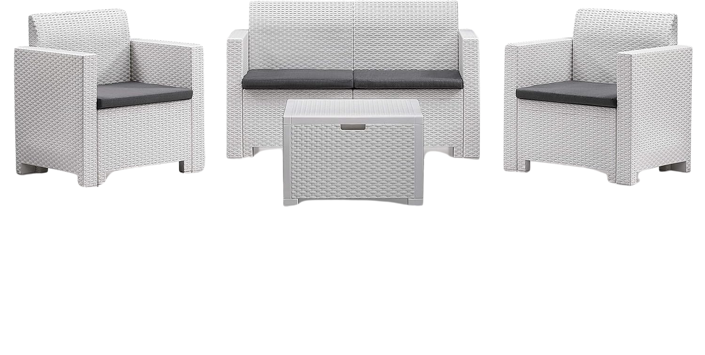 Set Salotto da Giardino Esterno 'Nebraska 2' in Rattan per 4 Persone - 2 Poltrone, 1 Divano, 1 Tavolino Porta Cuscini con 4 Cuscini Inclusi.