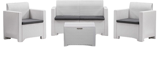 Set Salotto da Giardino Esterno 'Nebraska 2' in Rattan per 4 Persone - 2 Poltrone, 1 Divano, 1 Tavolino Porta Cuscini con 4 Cuscini Inclusi.