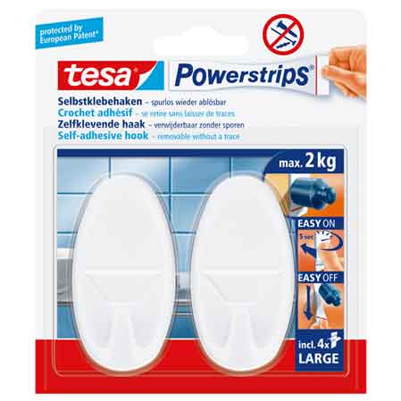 GANCIO OVALE 'POWERSTRIPS®' BIANCO Mod. XL, 1 gancio + 3 strisce - Portata 3 Kg