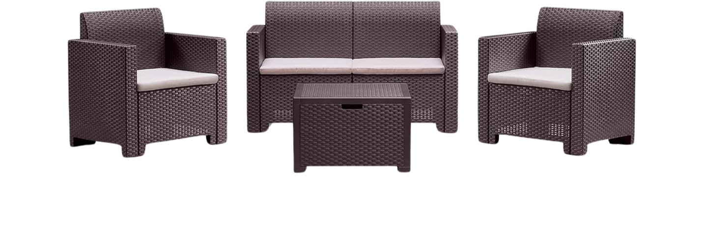 Set Salotto da Giardino Esterno 'Nebraska 2' in Rattan per 4 Persone - 2 Poltrone, 1 Divano, 1 Tavolino Porta Cuscini con 4 Cuscini Inclusi.