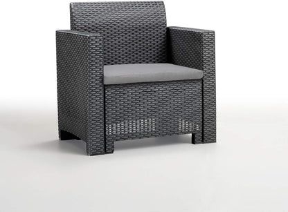 Set Salotto da Giardino Esterno 'Nebraska 2' in Rattan per 4 Persone - 2 Poltrone, 1 Divano, 1 Tavolino Porta Cuscini con 4 Cuscini Inclusi.