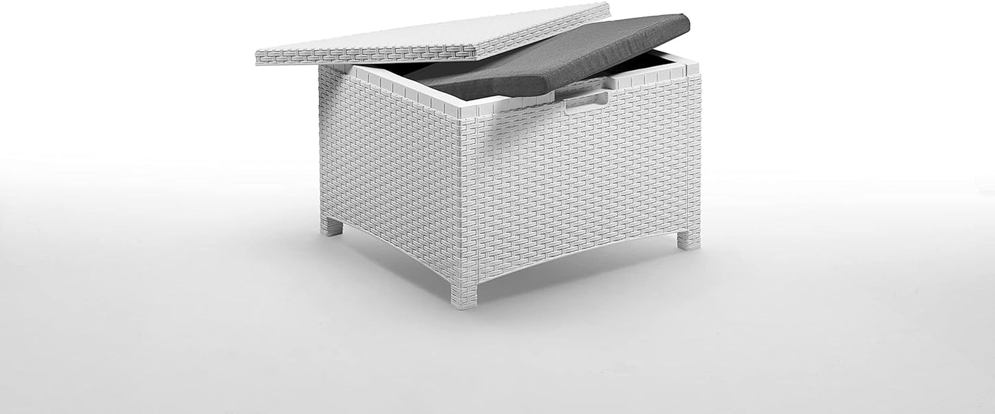 Set Salotto da Giardino Esterno 'Nebraska 2' in Rattan per 4 Persone - 2 Poltrone, 1 Divano, 1 Tavolino Porta Cuscini con 4 Cuscini Inclusi.