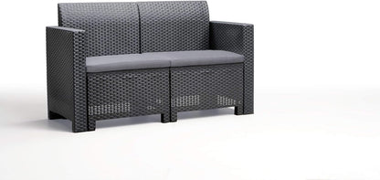 Set Salotto da Giardino Esterno 'Nebraska 2' in Rattan per 4 Persone - 2 Poltrone, 1 Divano, 1 Tavolino Porta Cuscini con 4 Cuscini Inclusi.